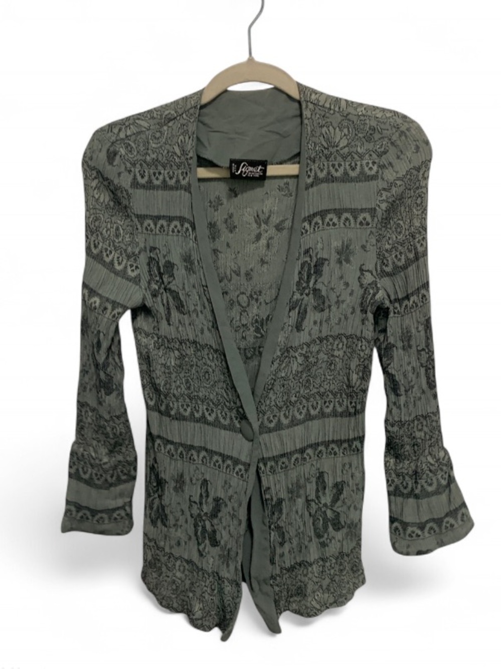 Vintage Sage Green Patterned Single Button Blazer Top